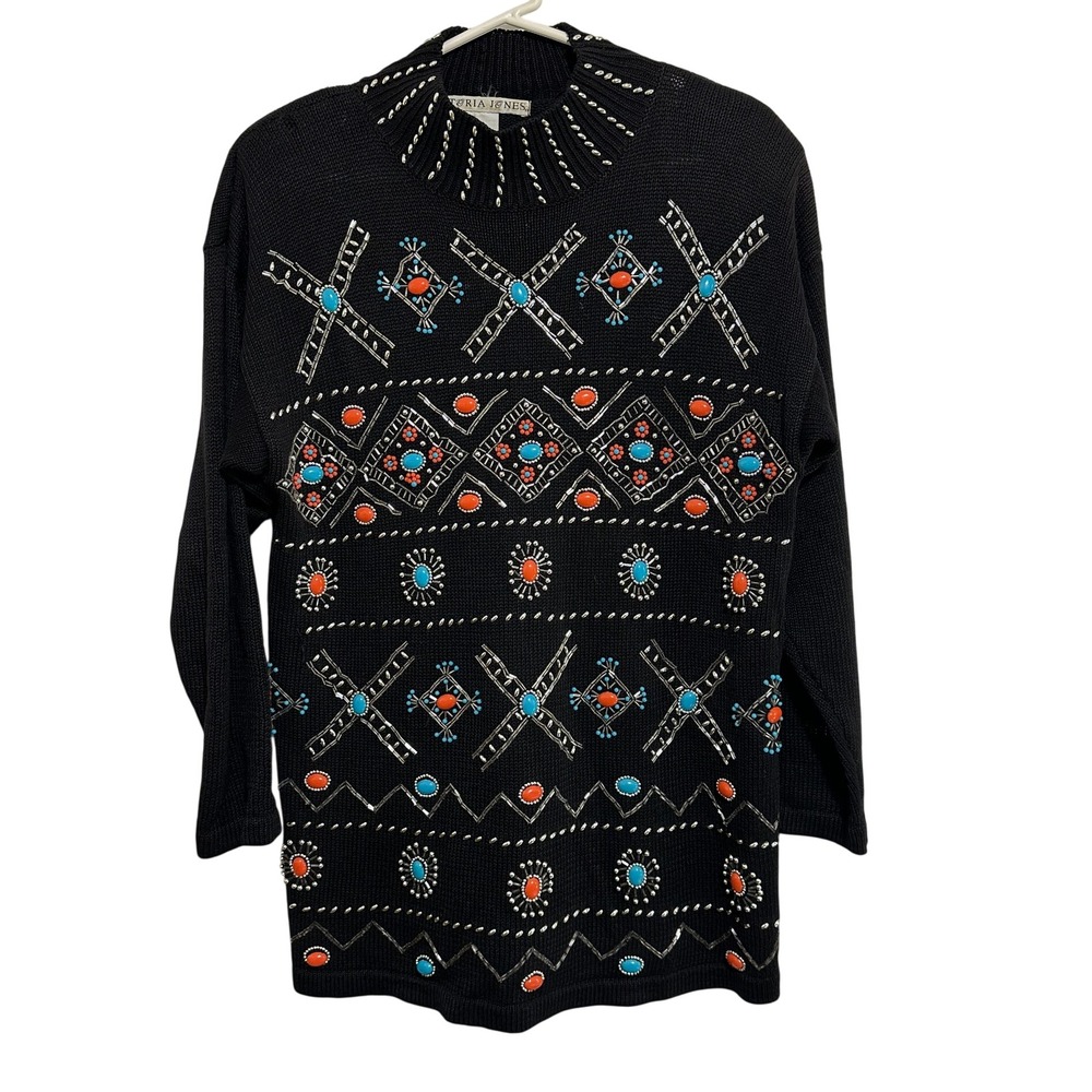 Victoria Jones Sweater Womens Medium Black Southwest Beaded Turquoise Coral Mock
